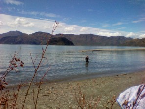West Wanaka beach, looking towards Mou Tapu Island with the Matukituki River entering just to the right